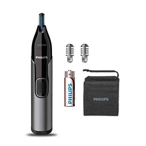 PHILIPS Nose Trimmer Nt3650/16,Cordless Nose,Ear&Eyebrow Trimmer With Protective Guard System,Fully Washable,Including Aa Battery,2 Eyebrow Combs,Pouch (Gray), Unisex